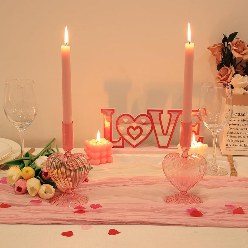 NEEDOMO Valentines Day Decorations, Set of 2 Pink Heart Glass Candlestick Holders for Valentines Decor, Taper Candle Holders Table Centerpieces for Romantic Wedding Party Mantel Decor - Image 2
