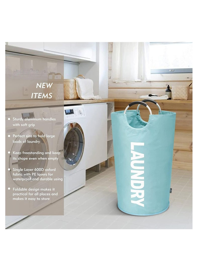 90L Large Laundry Basket, Collapsible Laundry Bag, Freestanding Tall Clothes Hamper, Foldable Washing Bin (Light Blue) - Image 3