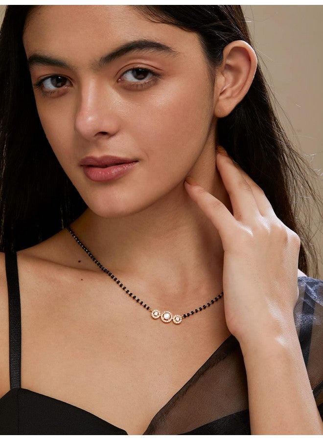 MINUTIAE Stylish Three Stone Pendant Necklace Black Beads Mangalsutra For Women With Extendable Chain (Gold) - Image 4