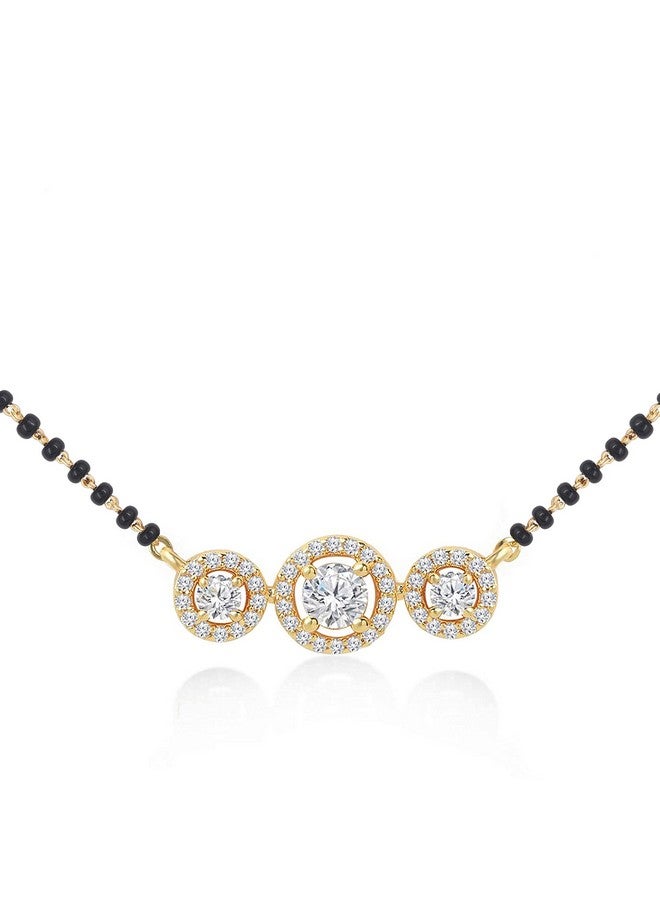 MINUTIAE Stylish Three Stone Pendant Necklace Black Beads Mangalsutra For Women With Extendable Chain (Gold) - Image 1