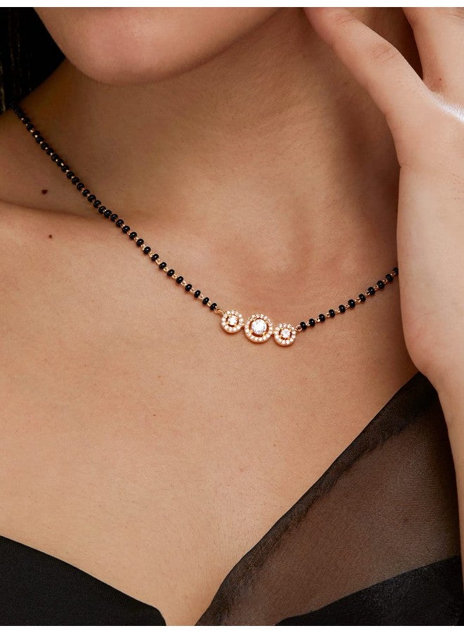 MINUTIAE Stylish Three Stone Pendant Necklace Black Beads Mangalsutra For Women With Extendable Chain (Gold) - Image 3