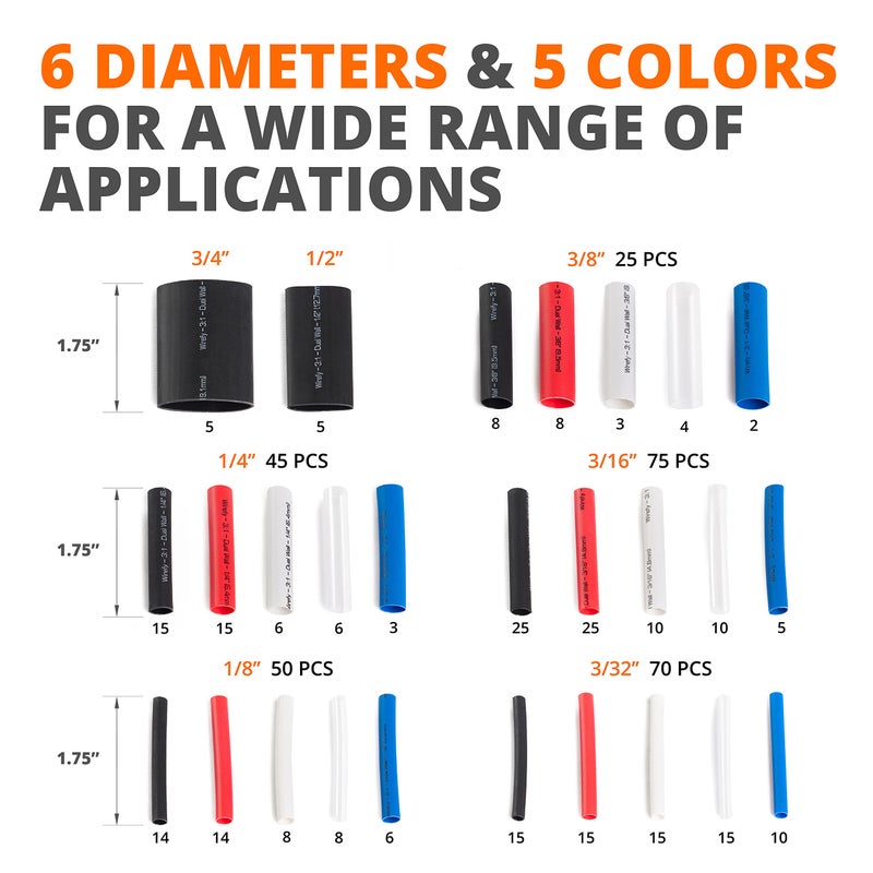Wirefy Heat Shrink Tubing Kit - 3:1 Ratio Adhesive Lined, 1.75" Length, Wire Shrink Wrap Tubing - Automotive Industrial Heat-Shrink Tubing - Black, Red, White, Clear, Blue - 275 PCS - Image 2