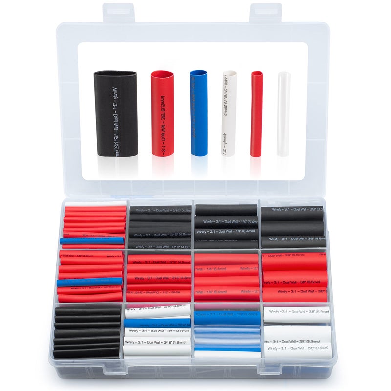 Wirefy Heat Shrink Tubing Kit - 3:1 Ratio Adhesive Lined, 1.75" Length, Wire Shrink Wrap Tubing - Automotive Industrial Heat-Shrink Tubing - Black, Red, White, Clear, Blue - 275 PCS - Image 1