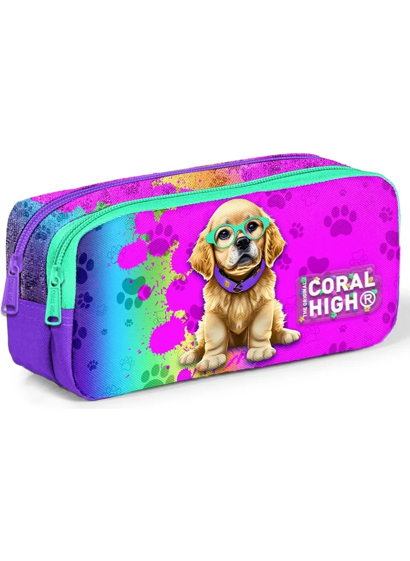 CORAL HIGH Kids Purple Pink Dog Pattern Two Compartment Pencil Bag 12082
