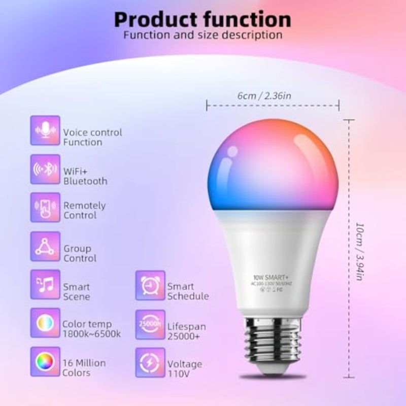 Smart Light Bulbs for room lighting, party, home decor, music sync; RGB LED A19 E27; 10W; multicolor changing; app and voice control via Alexa Google Home - Image 2