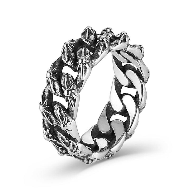 HZMAN Stainless Steel Rings for Men 8mm Wide Silver Cuban Link Ring with Six-Pointed Stars Wedding Ring Size 10 - Image 1