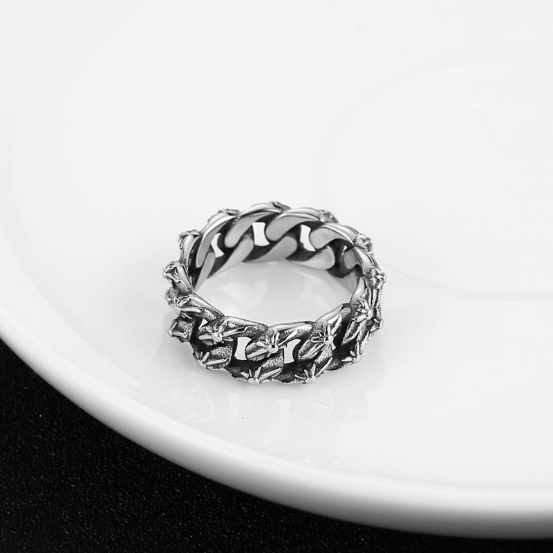 HZMAN Stainless Steel Rings for Men 8mm Wide Silver Cuban Link Ring with Six-Pointed Stars Wedding Ring Size 10 - Image 4