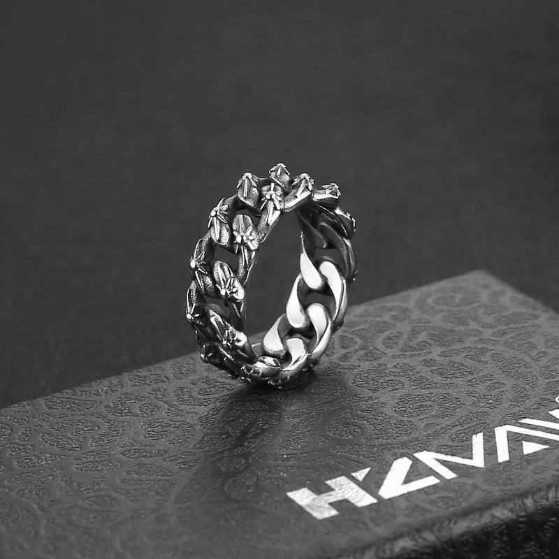 HZMAN Stainless Steel Rings for Men 8mm Wide Silver Cuban Link Ring with Six-Pointed Stars Wedding Ring Size 10 - Image 5