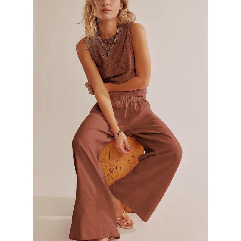SeeLuNa Linen Pants for Women Cotton Baggy Boho Casual Palazzo Pants Wide Leg Long Lounge Trousers with Pockets(Brick-Red,S) - Image 3
