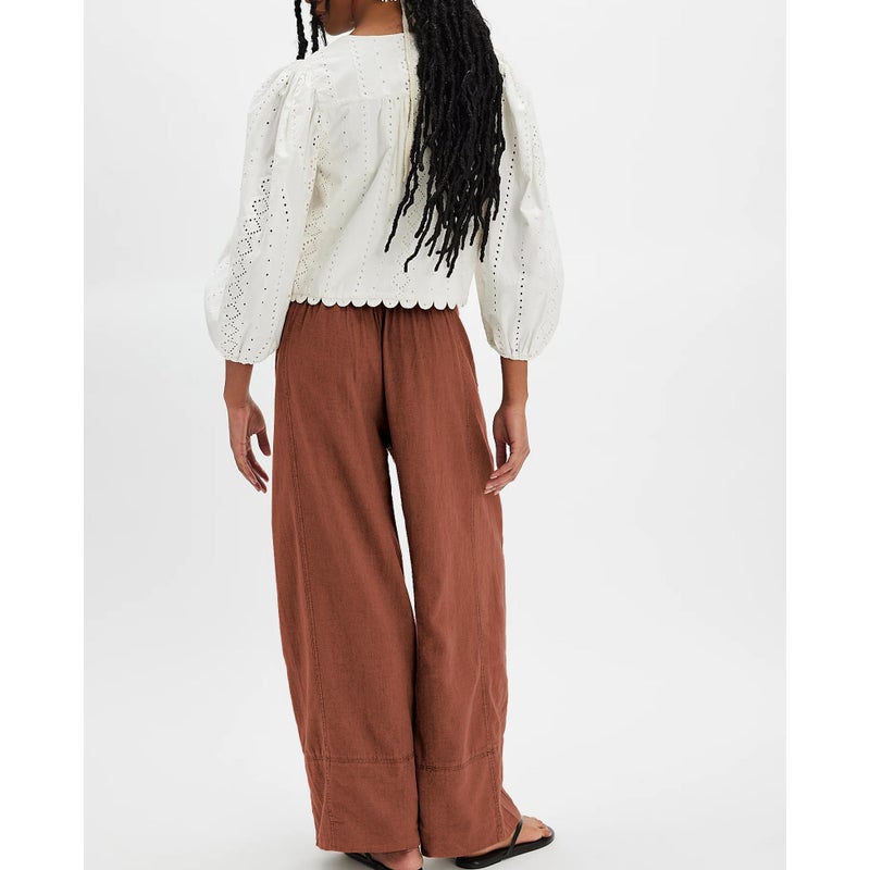 SeeLuNa Linen Pants for Women Cotton Baggy Boho Casual Palazzo Pants Wide Leg Long Lounge Trousers with Pockets(Brick-Red,S) - Image 4