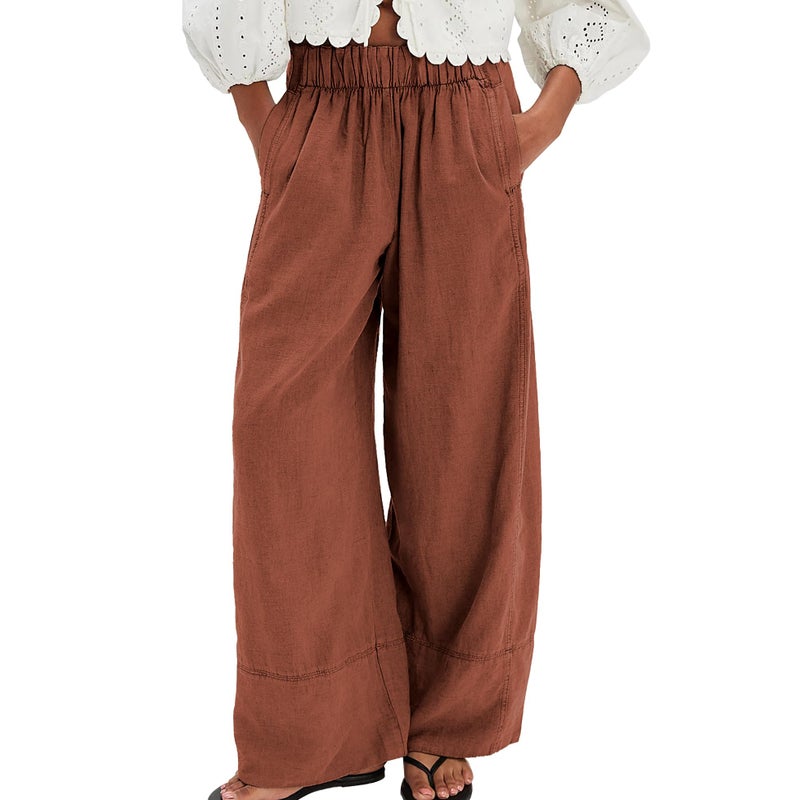 SeeLuNa Linen Pants for Women Cotton Baggy Boho Casual Palazzo Pants Wide Leg Long Lounge Trousers with Pockets(Brick-Red,S) - Image 1