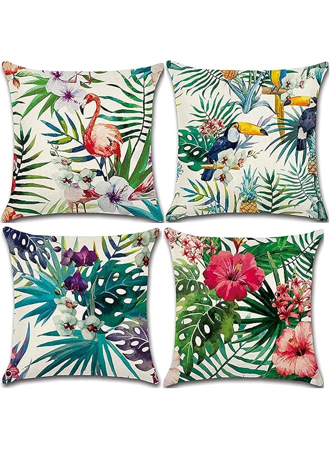 Decorative Cushion cover 45X45 set of 4 Flamingo Bird Print Linen Throw Pillow case 18X18inch (Tropical Multicolor)
