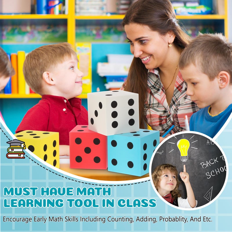 Shappy 4 Pieces 3.5 Inch Foam Dice Cube Jumbo Dice with Number Dots Big Giant Foam Large Cube for Christmas Game Math Classroom Party Favors Bag Stuffers(Red, Yellow, Blue, White) - Image 3