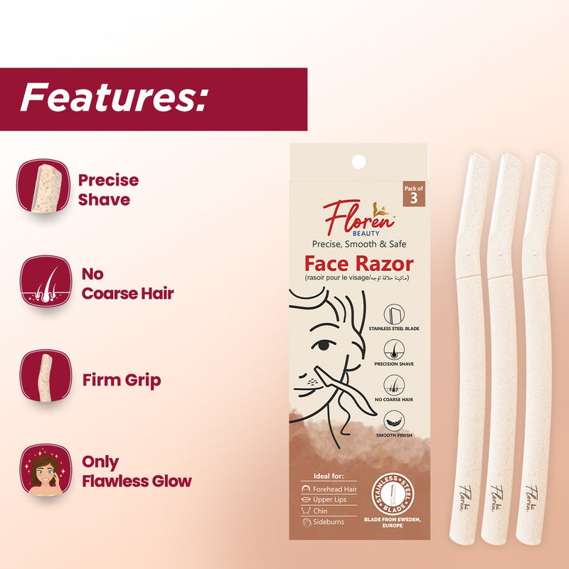 Floren Face Razor Pack of 3 + Blister Eyebrow Shaper Pack of 3 – Dermaplaning & Precision Brow Tools - Image 5
