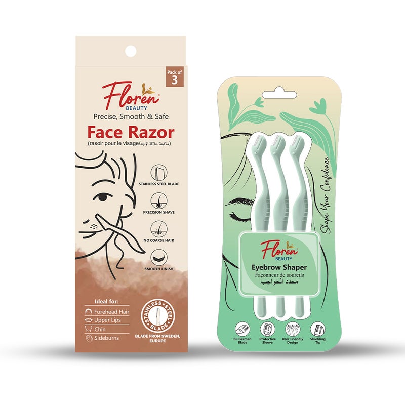 Floren Face Razor Pack of 3 + Blister Eyebrow Shaper Pack of 3 – Dermaplaning & Precision Brow Tools - Image 1