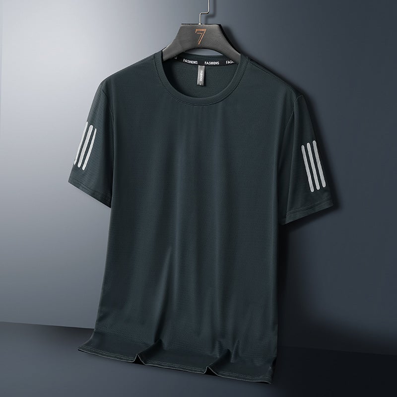 Generic Summer Ice Silk T-Shirt Mens Breathable Quick-Dry Sport Tee Black  - Image 3