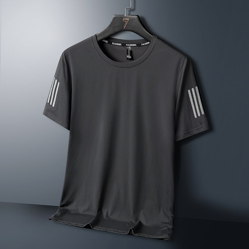 Generic Summer Ice Silk T-Shirt Mens Breathable Quick-Dry Sport Tee Black  - Image 5