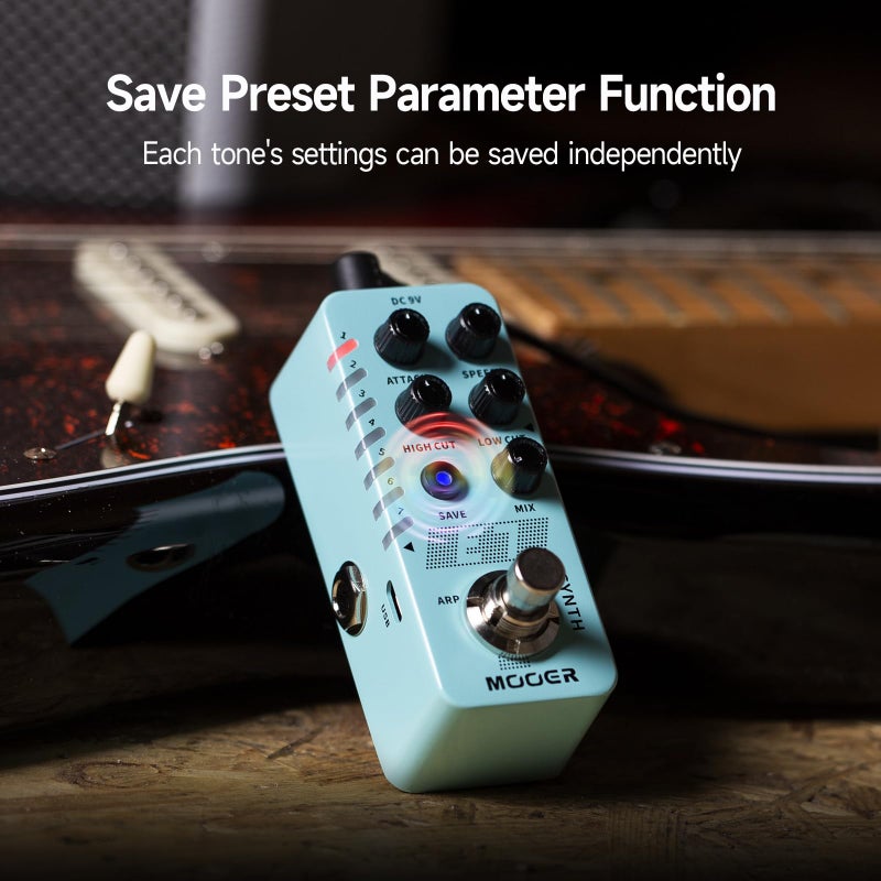 Mooer مؤر E7 بيدال سينث جيتار بوليفونيك إلكتروني، 7 نغمة جيتار سينث مع أرpeggiator فردي و 7 فتحة مسبقة، قطع تردد عالي/منخفض، وظيفة هجوم، سرعة - Image 5
