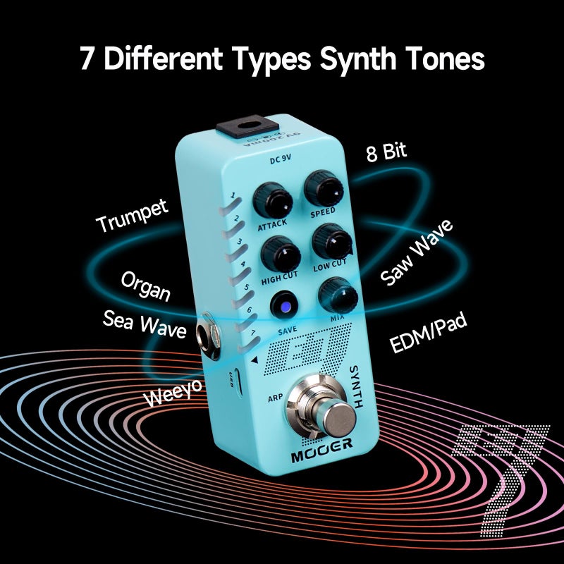 Mooer مؤر E7 بيدال سينث جيتار بوليفونيك إلكتروني، 7 نغمة جيتار سينث مع أرpeggiator فردي و 7 فتحة مسبقة، قطع تردد عالي/منخفض، وظيفة هجوم، سرعة - Image 2