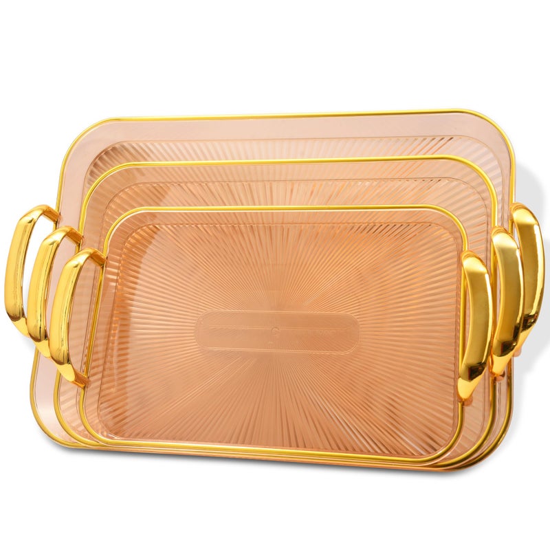 BAREPEPE Plastic Serving Tray Set for Kitchen Rectangular Design Golden Borders - Transparent Amber - Set of 3 Sizes - Image 1