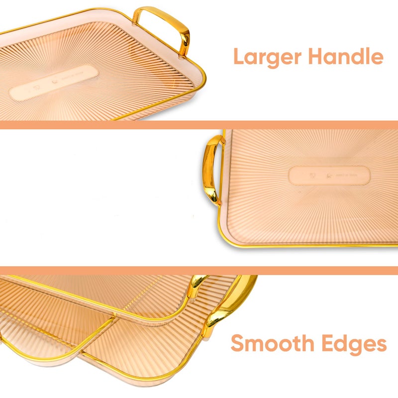 BAREPEPE Plastic Serving Tray Set for Kitchen Rectangular Design Golden Borders - Transparent Amber - Set of 3 Sizes - Image 3