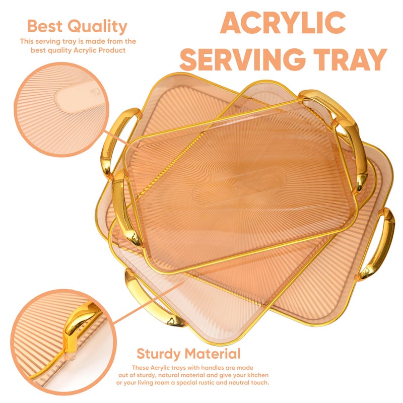 BAREPEPE Plastic Serving Tray Set for Kitchen Rectangular Design Golden Borders - Transparent Amber - Set of 3 Sizes - Image 2