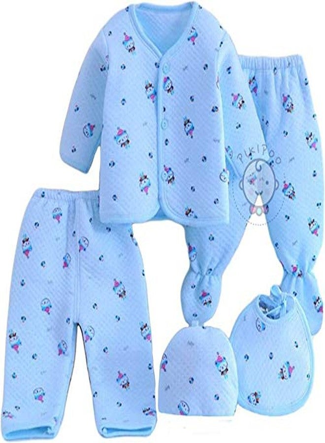 PIKIPOO Presents Newborn Baby Boys and Baby Girl's Cotton Fleece/Falalen or Flannel Suit (Blue 0-3 Months) - 5Pcs_Set - Image 1