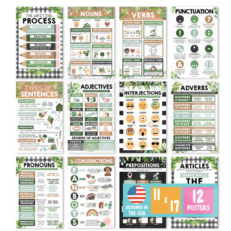 Hadley Designs Parts Of Speech Posters For Classroom 12 Grammar Posters For Classroom Must Haves Language Arts For Elementary Middle School Writing Process ELA School Farmhouse Class Decor