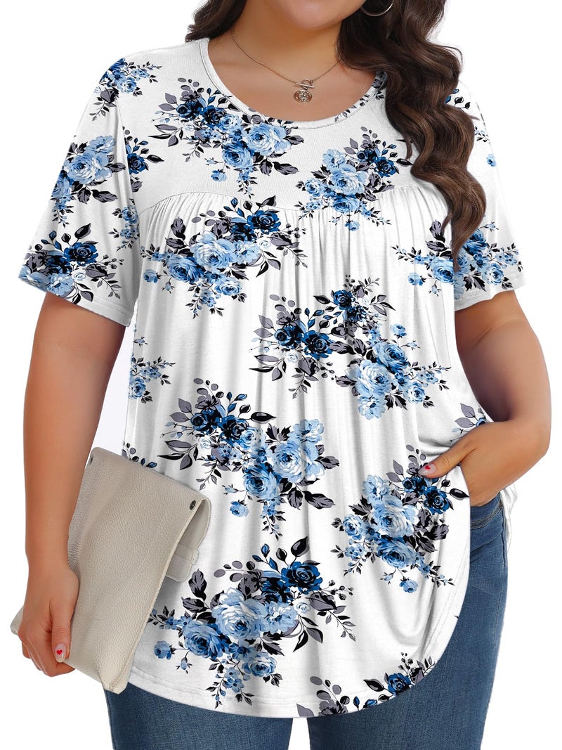 Tencede Womens Plus Size Tops Tunic Short Sleeve Crew Neck Shirts Casual Soft Blouse Blue Rose 3X - Image 1