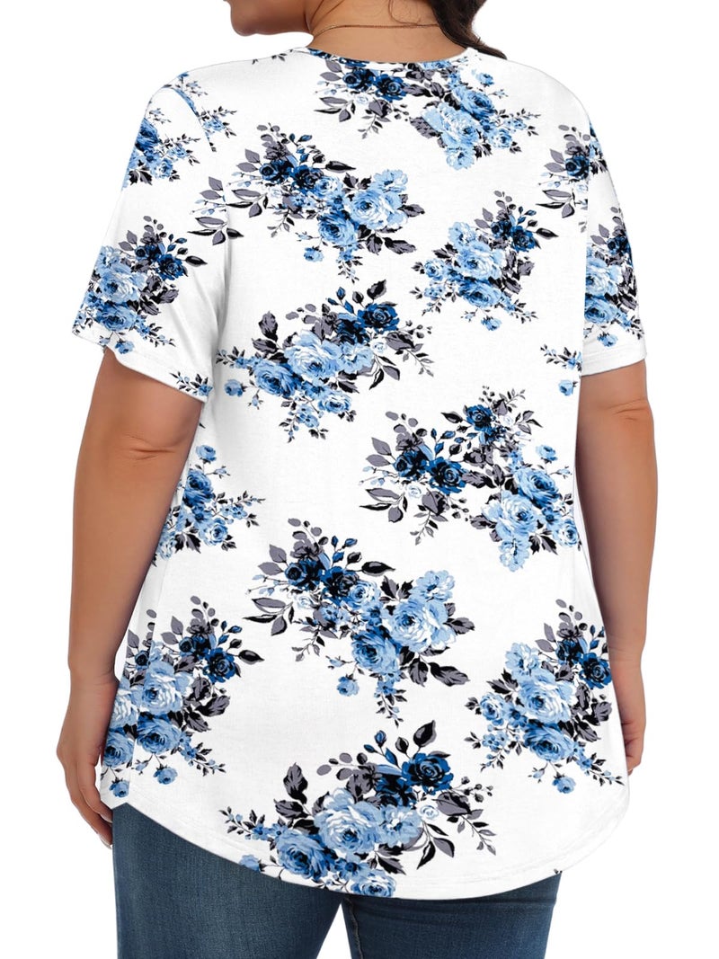 Tencede Womens Plus Size Tops Tunic Short Sleeve Crew Neck Shirts Casual Soft Blouse Blue Rose 3X - Image 4