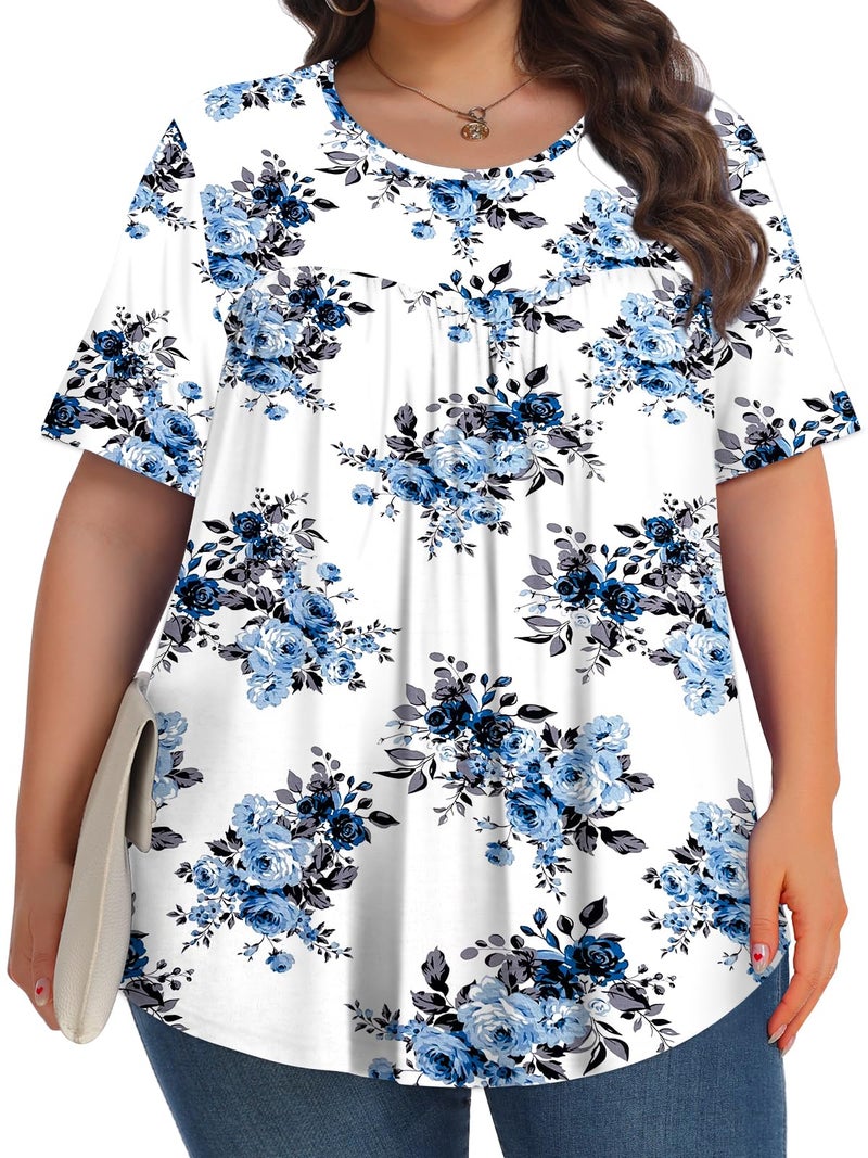Tencede Womens Plus Size Tops Tunic Short Sleeve Crew Neck Shirts Casual Soft Blouse Blue Rose 3X - Image 3