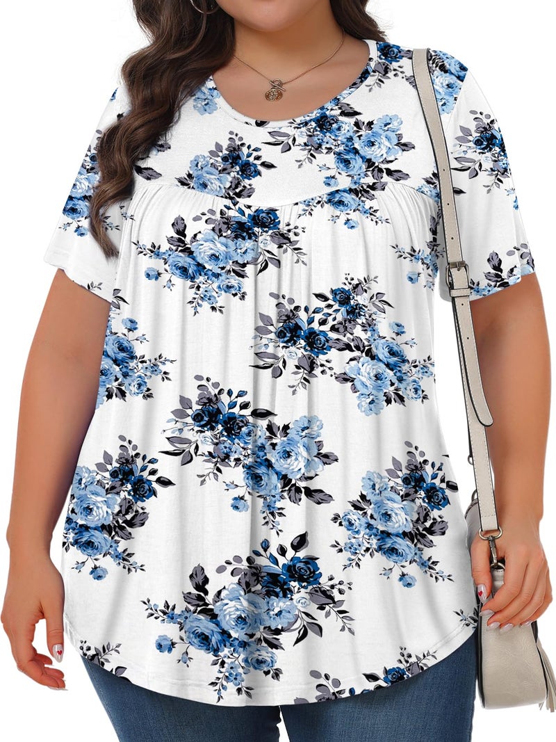 Tencede Womens Plus Size Tops Tunic Short Sleeve Crew Neck Shirts Casual Soft Blouse Blue Rose 3X - Image 2