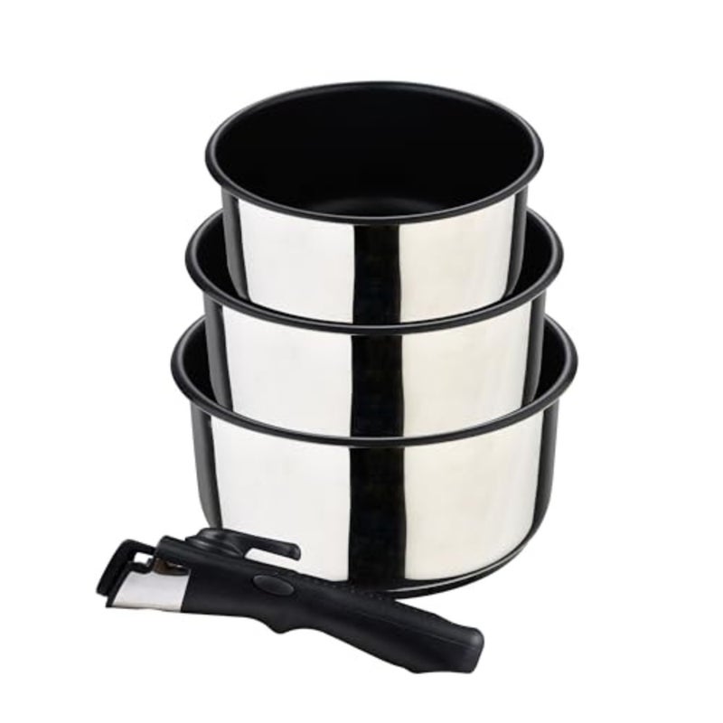 CLICKandCOOK 3-Piece Fying Pan Set Stainless Steel and Non-Stick Includes 3 Saucepans of 16, 18 and 20 cm + Removable Ergonomic Handle For All Types of Cookers and Ovens - Image 1
