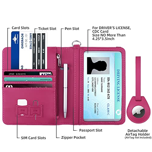 WALNEW AirTag Passport Holder, PU Leather Airtag Wallet RFID Blocking Passport Cover Travel Essentials Case for Women Men (Hot Pink) - Image 2