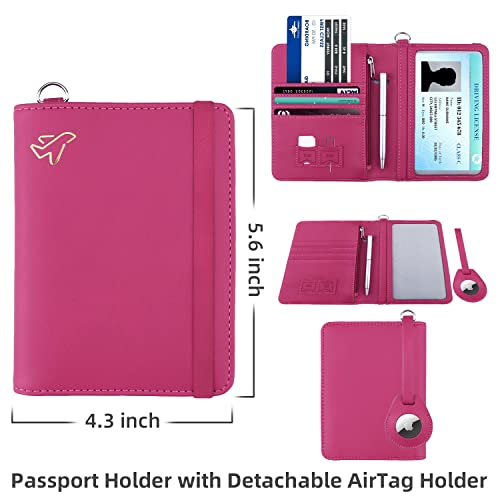 WALNEW AirTag Passport Holder, PU Leather Airtag Wallet RFID Blocking Passport Cover Travel Essentials Case for Women Men (Hot Pink) - Image 4