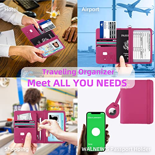 WALNEW AirTag Passport Holder, PU Leather Airtag Wallet RFID Blocking Passport Cover Travel Essentials Case for Women Men (Hot Pink) - Image 3