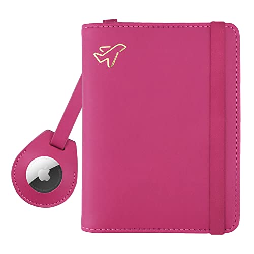 WALNEW AirTag Passport Holder, PU Leather Airtag Wallet RFID Blocking Passport Cover Travel Essentials Case for Women Men (Hot Pink) - Image 1