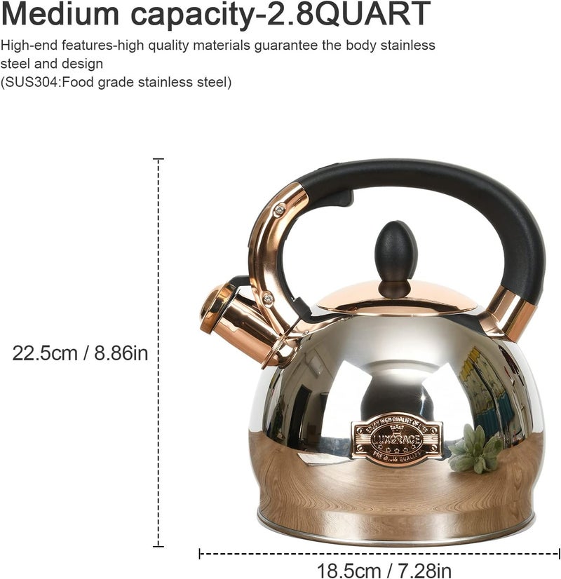 LUXGRACE Stainless Steel Whistling Tea Kettle with Metal Capsulated Bottom for Quick Heat Distribution 2.8 Quart - Image 5