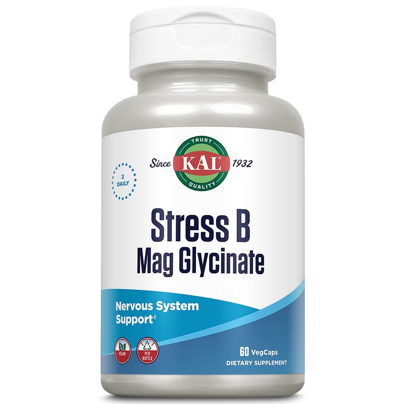 KAL Stress B Mag Glycinate B Complex Vitamins Plus Magnesium Active Forms Coenzyme Vitamin B6 Methylcobalamin and Folate from 5MTHF Healthy Mood Relaxation Support 30 Servings 60 VegCaps