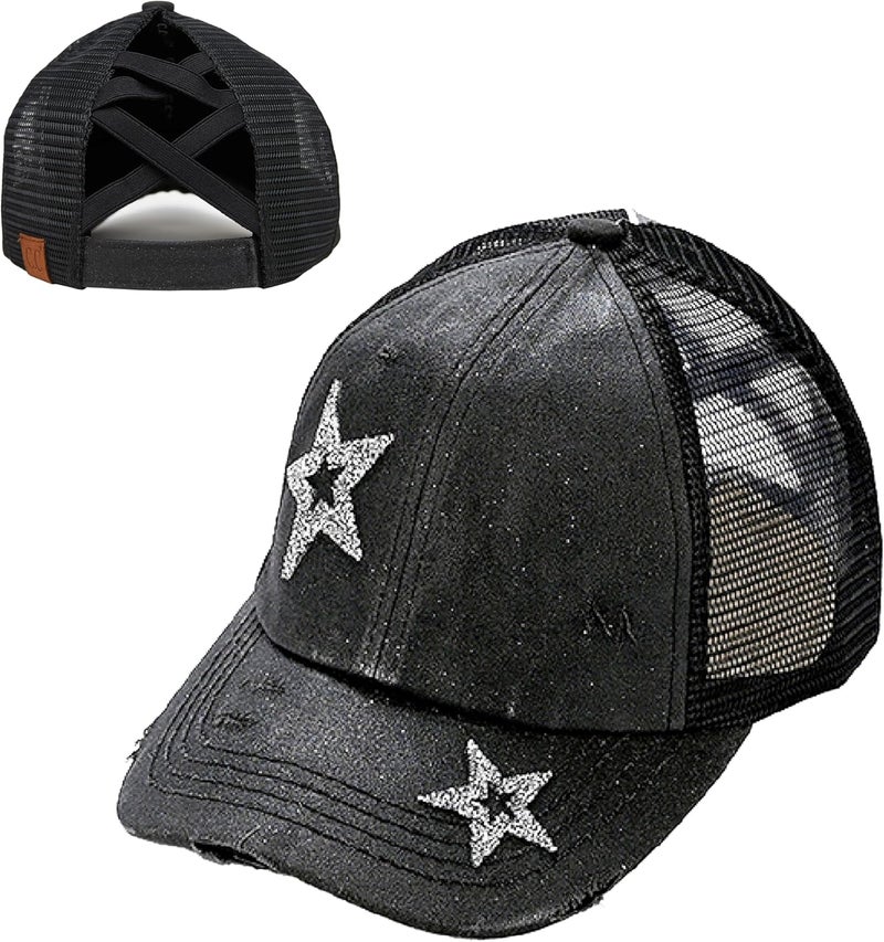 Funky Junque Ponytail Hat for Women - Baseball Cap with Adjustable Fit & High Pony Tail Criss Cross Back for Everyday Wear - Image 1