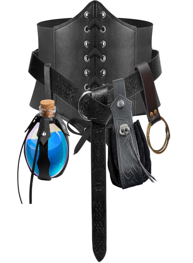 KOTORA 7PCS Renaissance Costume Sets Corset Waistband Belt Pouch Coin Purse Alight Potion Bottle Skirt Hike Medieval Cosplay (Black, L/Waist 32"-43") - Image 1