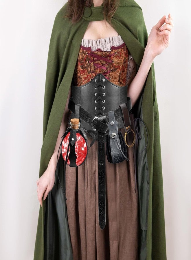 KOTORA 7PCS Renaissance Costume Sets Corset Waistband Belt Pouch Coin Purse Alight Potion Bottle Skirt Hike Medieval Cosplay (Black, L/Waist 32"-43") - Image 2