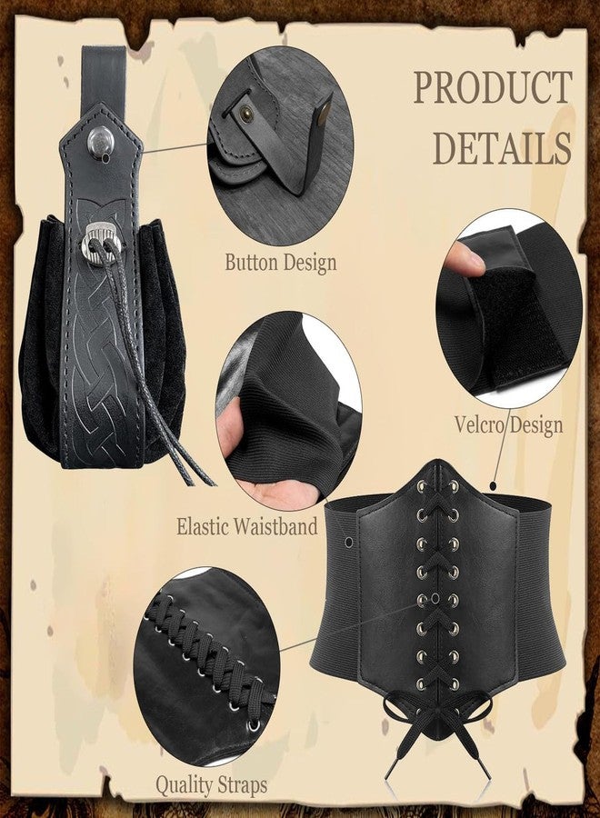 KOTORA 7PCS Renaissance Costume Sets Corset Waistband Belt Pouch Coin Purse Alight Potion Bottle Skirt Hike Medieval Cosplay (Black, L/Waist 32"-43") - Image 4