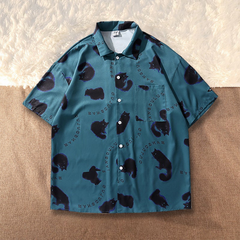 Internet Celebrity Cat Full Print Graffiti Shirt Men'S Short-Sleeved Summer Loose Design Sense American Street Shirt Ins Trendy Brand - Image 1