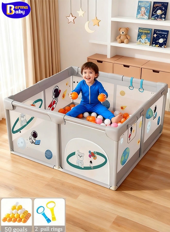 Berma Baby حظيرة لعب للأطفال، حظيرة لعب 150*180 سم، حظيرة لعب للرضع، حظيرة لعب صغيرة للأطفال، حظيرة لعب كبيرة للأطفال الصغار، حظيرة لعب محمولة، ملعب مع باب، 50 كرة + 2 حلقات سحب - Image 1