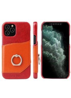 Case Cover For iPhone 12 / 12 Pro Fierre Shann Oil Wax Texture Genuine Leather Back Cover Case with 360 Degree Rotation Holder & Card Slot Red+Light Brown