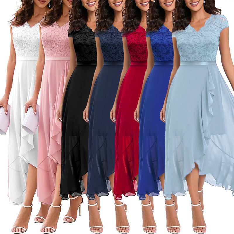 European and American New Foreign Trade Party Dress Bridesmaid Dress Amazon dress V-neck Lace Chiffon Large Swing Long Dress Light blue - Image 1