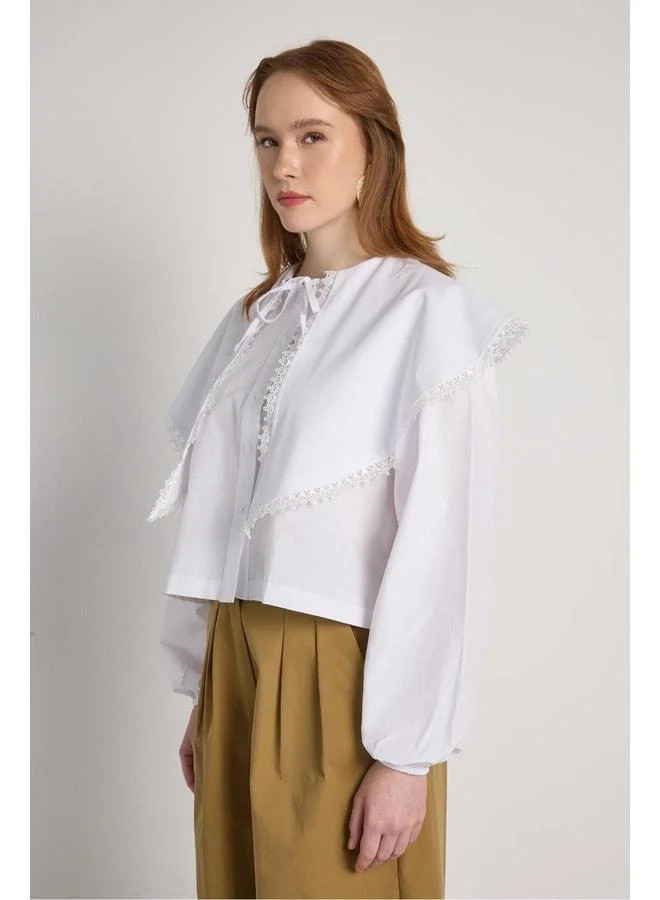 mina aise Women's White Lace Detailed Tie-Front Design Shirt 31003.