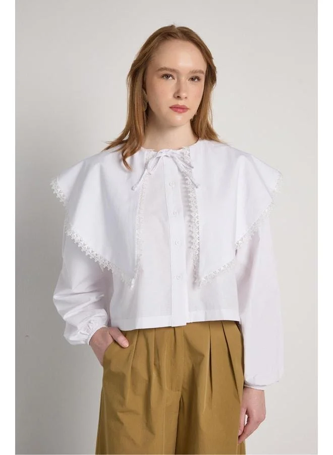 mina aise Women's White Lace Detailed Tie-Front Design Shirt 31003.