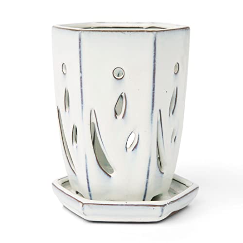 rePotme 4 x 6 inch Ceramic Orchid Pot (White Diamond) - Hexagon Orchid Pot with Holes - Image 2